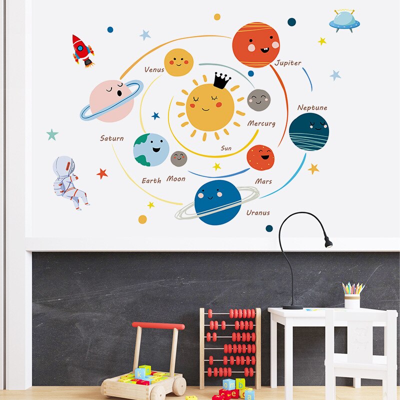 Cartoon Solar System Wall Stickers for Kids Rooms Decoration Funny Planet Mural Decals DIY Home Decor Bedroom Removable Stickers