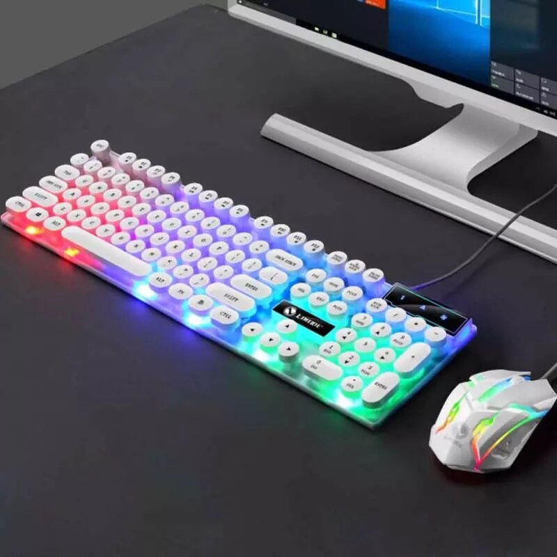Juego de teclado y ratón para juegos con cable USB, Mouse retroiluminado con luces LED de colores del arcoíris, para el hogar y la Oficina: Round key white