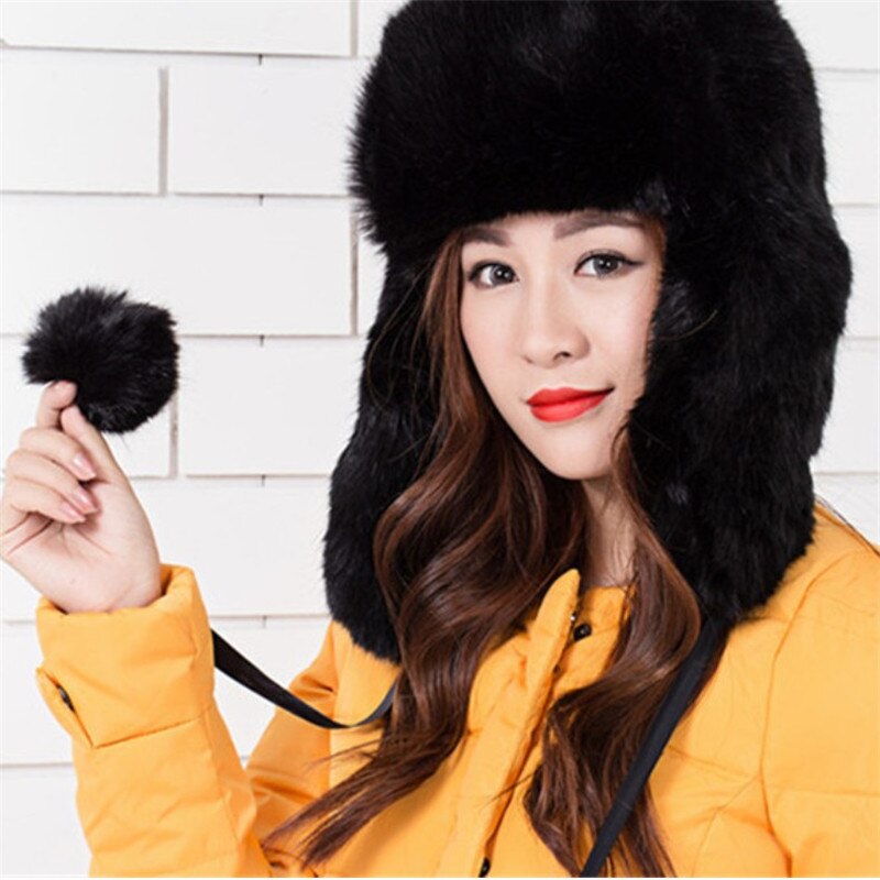 Sombreros de estilo cosaco ruso para mujer, gorros de piel sintética, cálidos, de invierno, con protección para las orejas, color negro, 027
