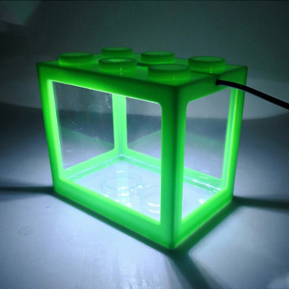 Fisketank led lys mini akvarium usb strøm 1l kapasitet lampe betta boks feed skrivebord hjemmeinnredning baby fiskerase fisk isolasjonsboks: Grønn / Blå lys farge