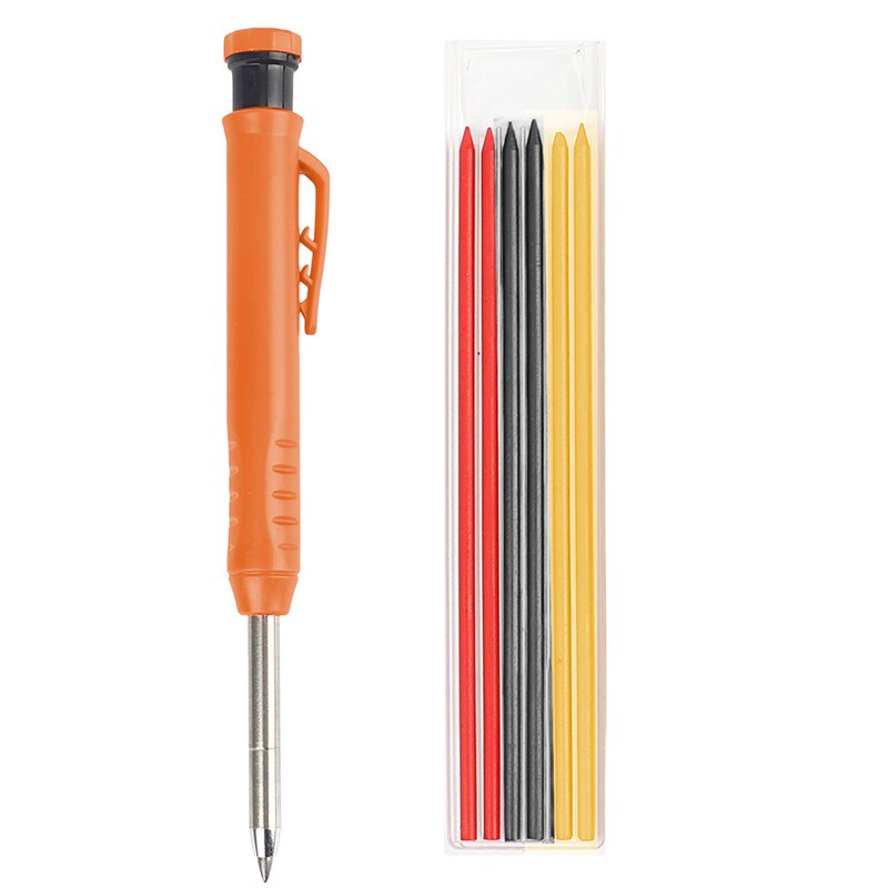 Solid Carpenter Pencil Set Built-In Sharpener 6 Graphite Refills Deep Hole Woodworking Engineering Activity Pen Marker Pen Tool: Orange pen refill