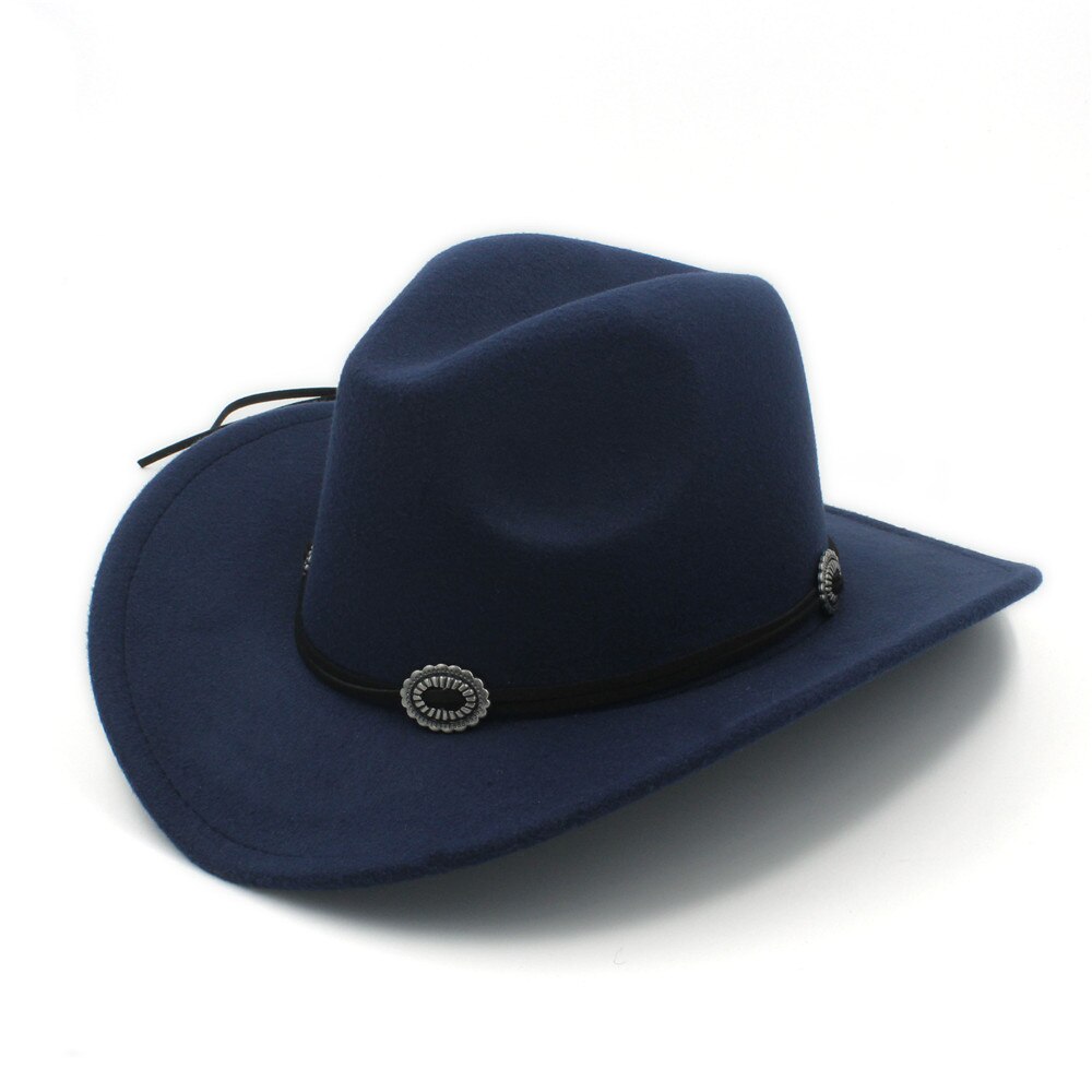 Uld barn kids western cowboy hat til dreng pige cowgirl jazz kirke kasket med læder toca sombrero kasket 4-9 år: Mørkeblå
