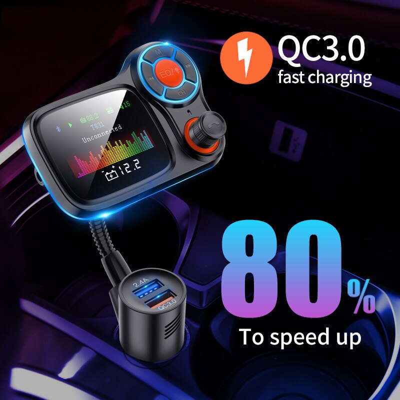 Transmisor FM con Bluetooth inalámbrico para coche, adaptador de Radio de coche inalámbrico con pantalla a Color con carga QC3.0 y 2.4A