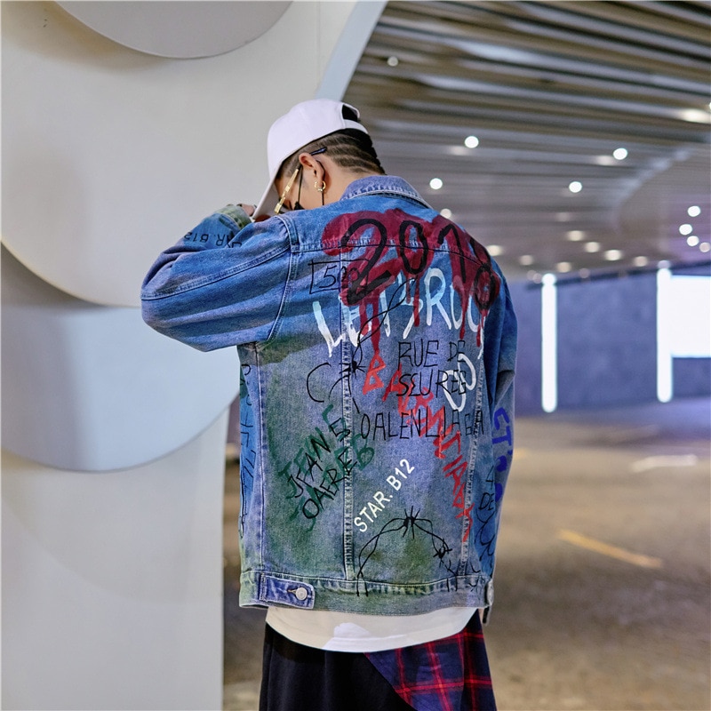 ABOORUN Men's Hip Hop Denim Jacket Graffiti Printed Denim Jacket Spring Autumn Streetwear Coat for Male x2177