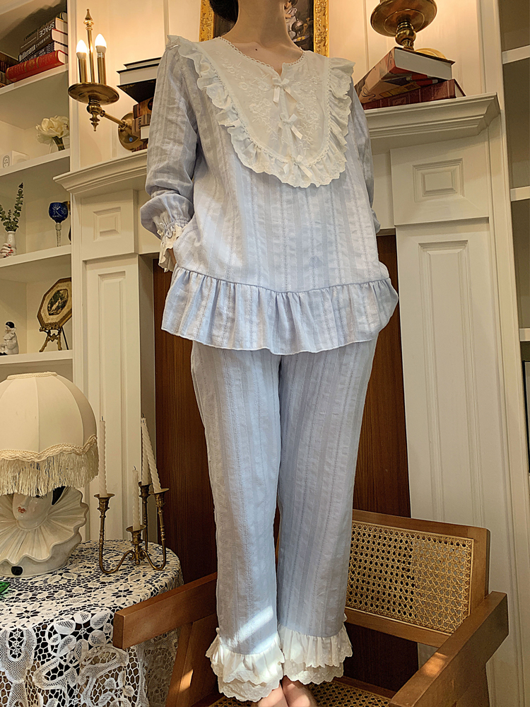 Conjunto de pijama Lolita para mujer, Tops de encaje de flores bordadas + Pantalones largos, pijama Vintage para mujer, ropa de dormir victoriana, ropa de descanso