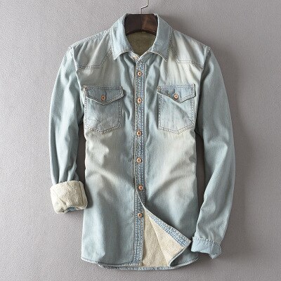 Winter Fall Warm Fleece Lined Cotton Denim Shirts Solid Blue Pockets Jeans Shirt Men Loose Fit Leisure Male Coat Chemise Homme: model 3 / Asian size L