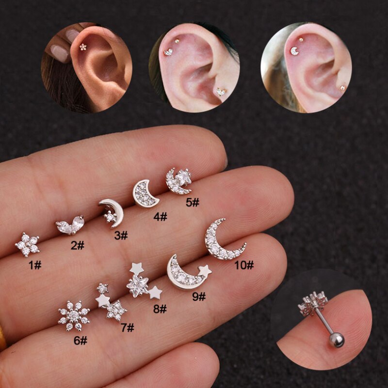 Zilveren Kleur Kruis Hart Bloem Kroon Cz Oorstekers Helix Piercing Kraakbeen Earring Conch Rook Tragus Stud Oor Piercing Sieraden