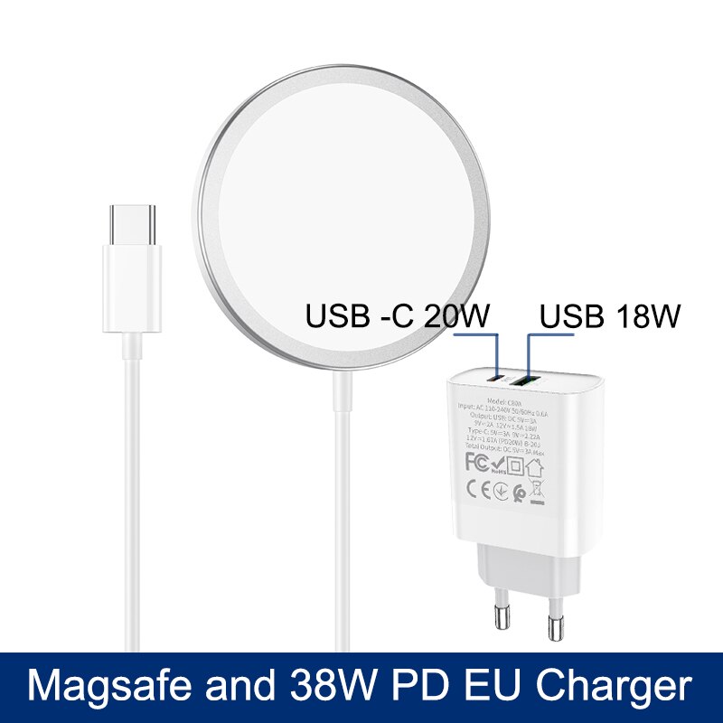 Magnetische Draadloze Oplader Voor Iphone 12 Pro Max Magsafe Charger 15W Snel Opladen Pad Voor Samsung Xiaomi Quick Draadloze lading: With a PD EU charger