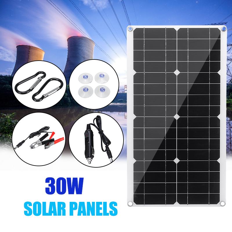 30W Mono Solar Panel DC 12V USB 5V Monocrystalline Flexible Solar Cells Waterproof Battery Charger 53x29cm for Car RV Ship Boat