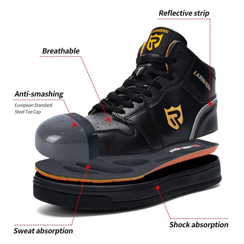 LARNMERN męskie stalowe palec u nogi ochronne buty robocze dla mężczyzn oddychające lekkie przeciwzmarszczkowe antypoślizgowe odblaskowe buty ochronne