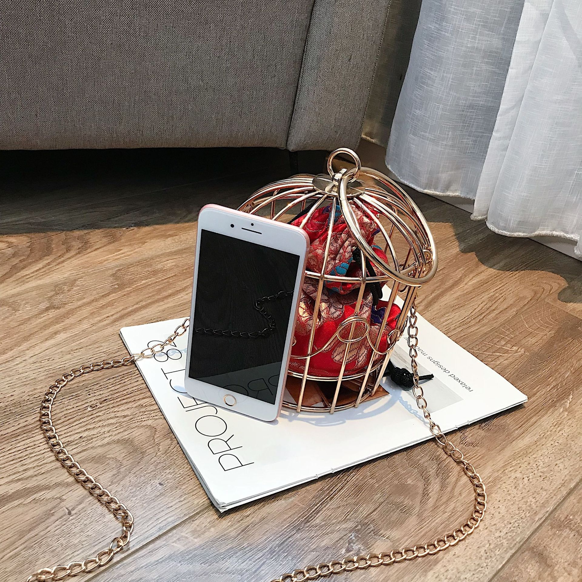 Women's Birdcage Evening Bag Clutch Metal Frame Embroidery Bucket Bird Cage Mini Totes Ladies Purses Female Gold Tassel Handbags
