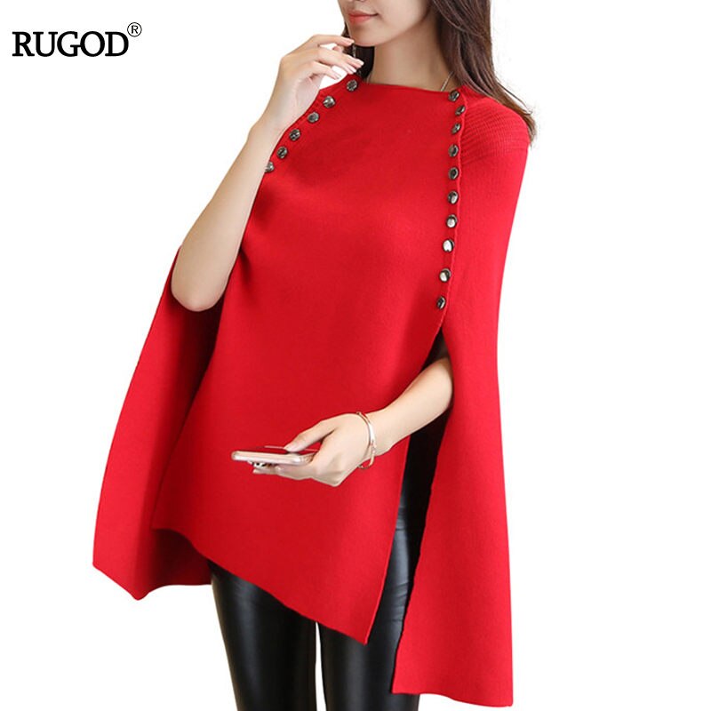 Rugod jultröja solid lång fladdermus ärm dam tröjor & tröjor oversize o-ringad knappkappa ponchokappa: Röd