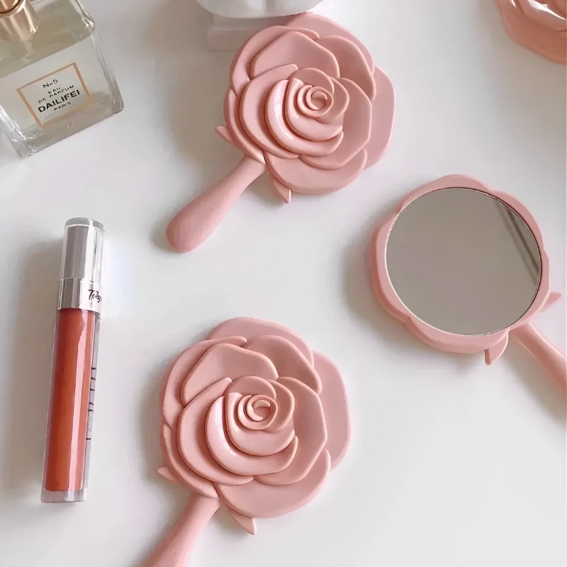 Espejo de maquillaje con forma de flor rosa, extensión de pestañas, espejo de tocador de mano, espejo cosmético portátil para niñas y mujeres, herramientas de maquillaje