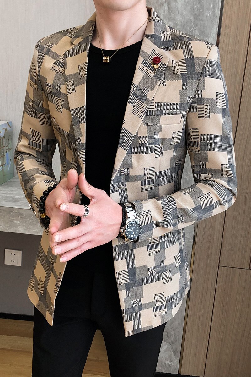Heren slim fit tweeknoops print colbert / heren zakelijke geruite trend blazer jas