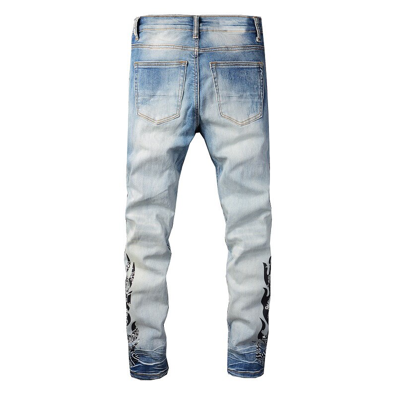 Jean en Denim imprimé Paisley Bandana pour homme, Streetwear, Patch flamme, Patchwork, pantalon extensible, déchiré, effilé