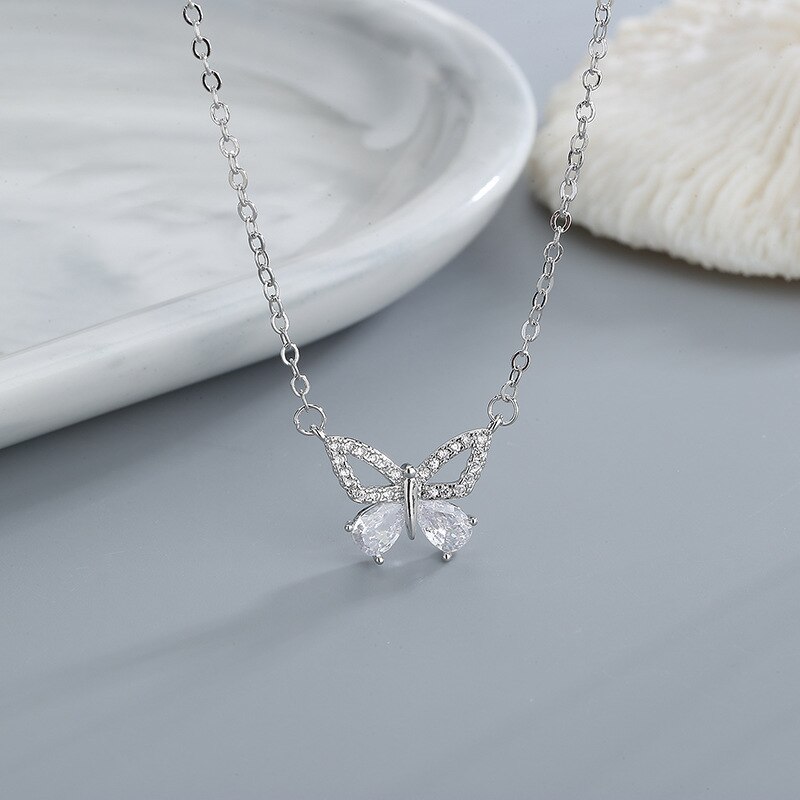 VOQ colore argento moda zircone farfalla ciondolo collana collana regalo romantico accessori fidanzamento donna: Default Title