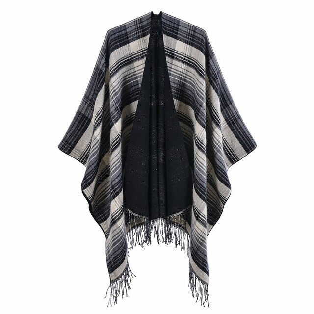 Schotse Klassieke Kleur Herfst Winter Plaid Cape Cape Met Kasjmier Kwastje En Warm Split Vrouwen Sjaal: black