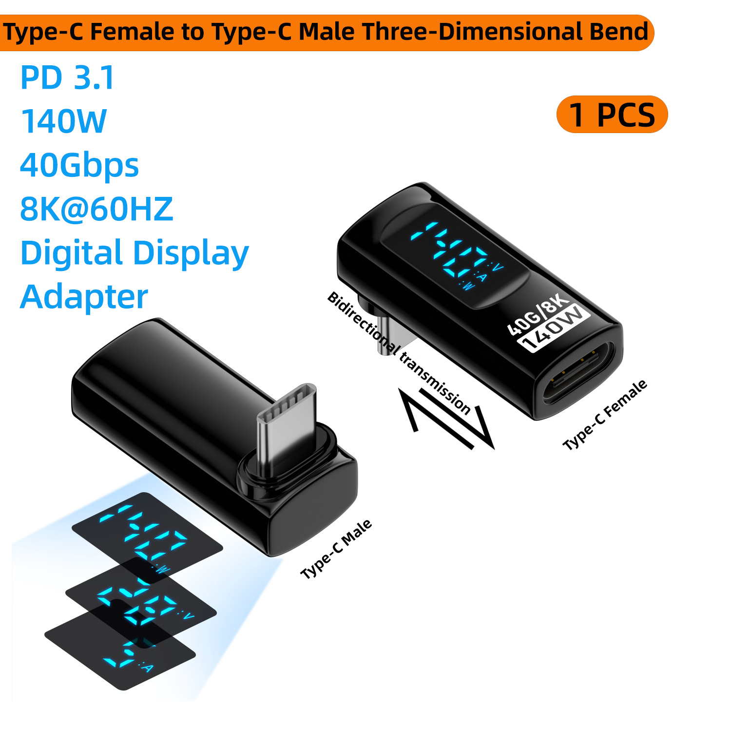 NNBILI 90 Degree USB C Adapter Right Angle U Shape Type C Adapter 40Gbps Data Transfer PD 140W USB4.0 8K 60Hz for Thunderbolt: Orange