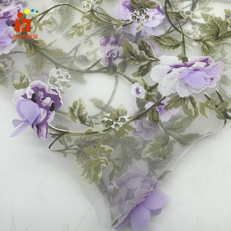 Bredde 140cm broderede blomster blonder stof dubai syning diy tyl applikation bånd kjole bryllupsfest kjole guipure dekoration: 3 yards / Lilla