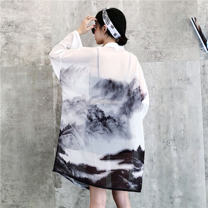 2022 Sunscreen Woman Japanese Traditional Kimono Cardigan Chinese Oriental Ink-wash Painting Thin Long Robe Coat Haori Outfits