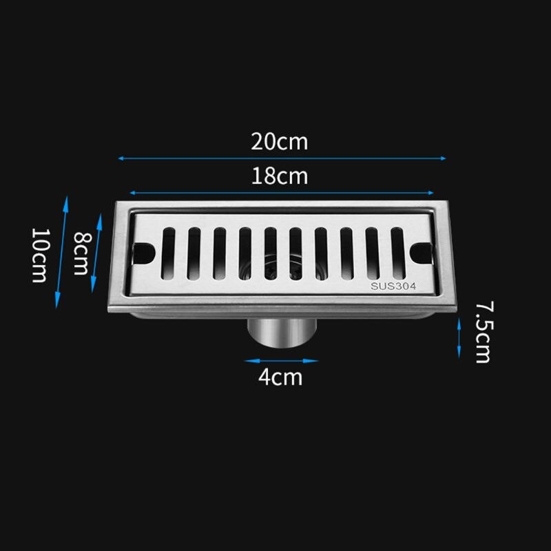 1Set 304 Stainless Steel Floor Drain Bathroom Shower Long Drainage Square Large Floor Drains Cover Roof: 20