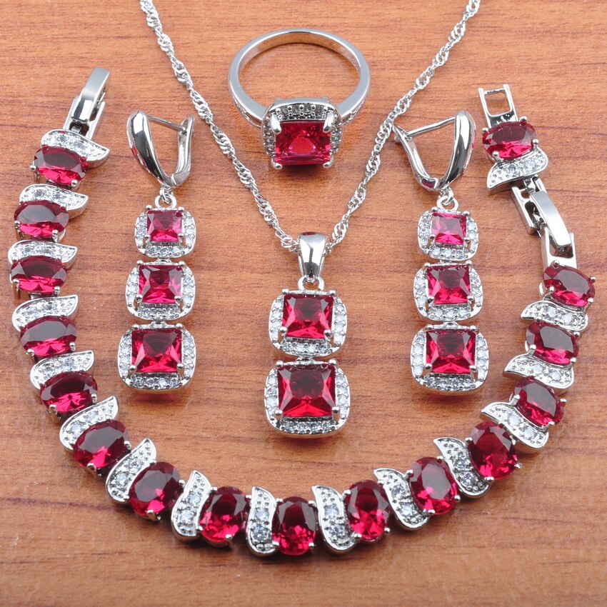 Klassieke Vierkante Rose Rode Zirconia Sieraden Sets Vrouwen Oorbellen Ketting Hanger Ring Armbanden JS0423