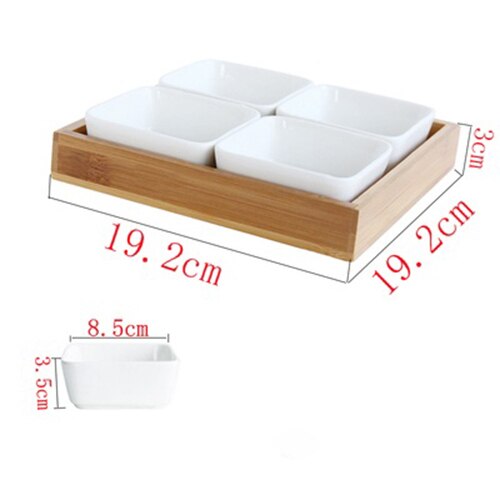 Japan Style Kitchen Organizer Ceramic Bowls Food Storage Containers with Bamboo Lid and Pallets Snack Serving Tray: 4 Bowls no Lid