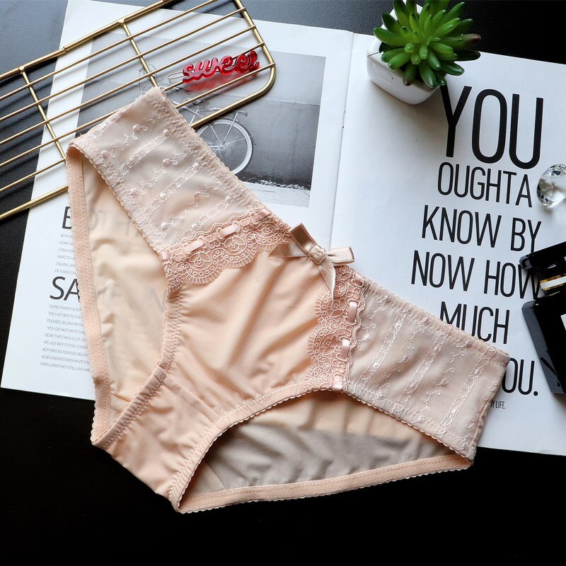 Bragas de encaje bordado Retro japonés para mujer, ropa interior bonita de talla grande, cintura baja, caderas, seda de hielo, transpirable: Skin / M