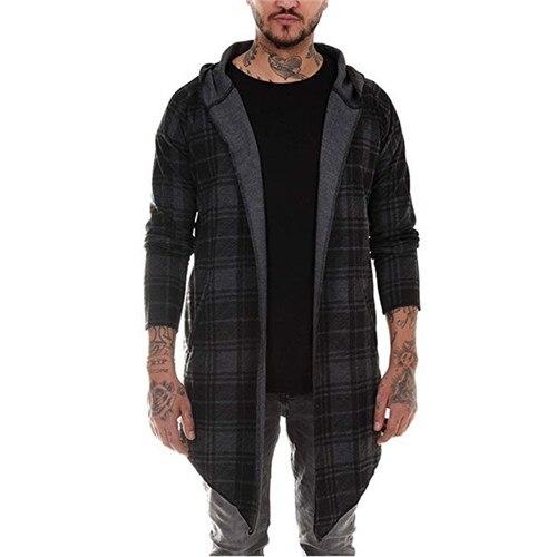 Herre hettegenser rutete skrive ut grøft uformelt cardigan jakke jakke langermet mannlig yttertøy høst vinter slank passe lang frakk streetwear: Mørk grå / Xxxl