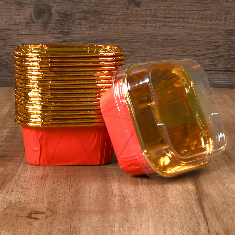 50 Stück quadratische Cupcake-Becher mit Deckel, Pudding-Becher, backfeste Einweg-Cupcake-Becher aus Folie, Muffin-Dosen für Hochzeitsbacken