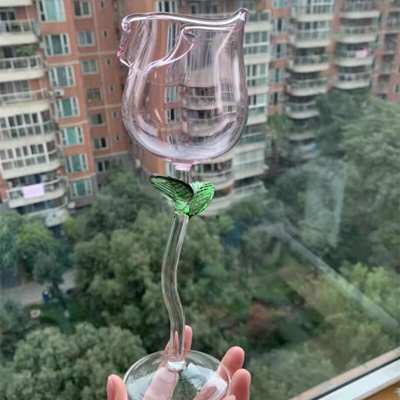 High Rose Shape Goblet Transparent Pink Rose with Leaves Wine Champagne Glasses Romantic Water Cups: 140ml pink 1pc