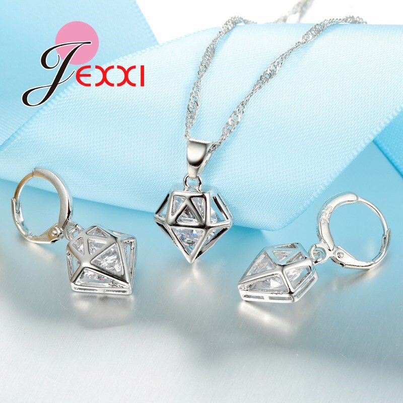 925 Sterling Zilver Bridal Wedding Accessoires Geometrische Cubic ia Hanger Ketting Oorbellen Sets