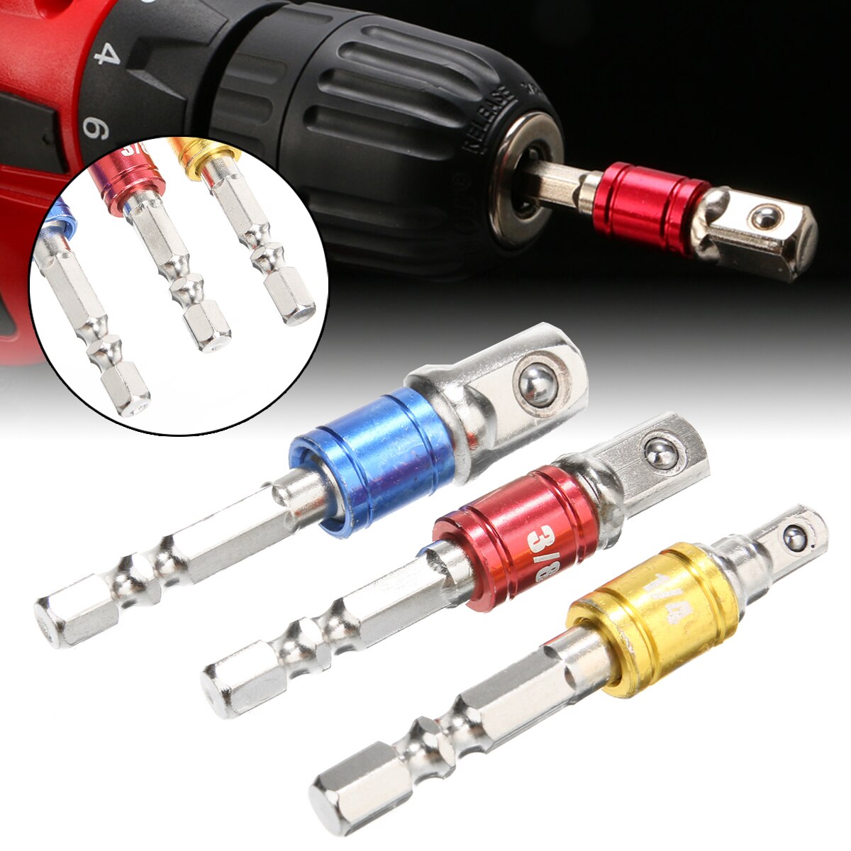 3 stuk Staal Impact Socket Adapter Quick Change 1/4 "Schacht Boor Socket Adapter Converters 1/4" 3/8" 1/2 "Driver Staaf