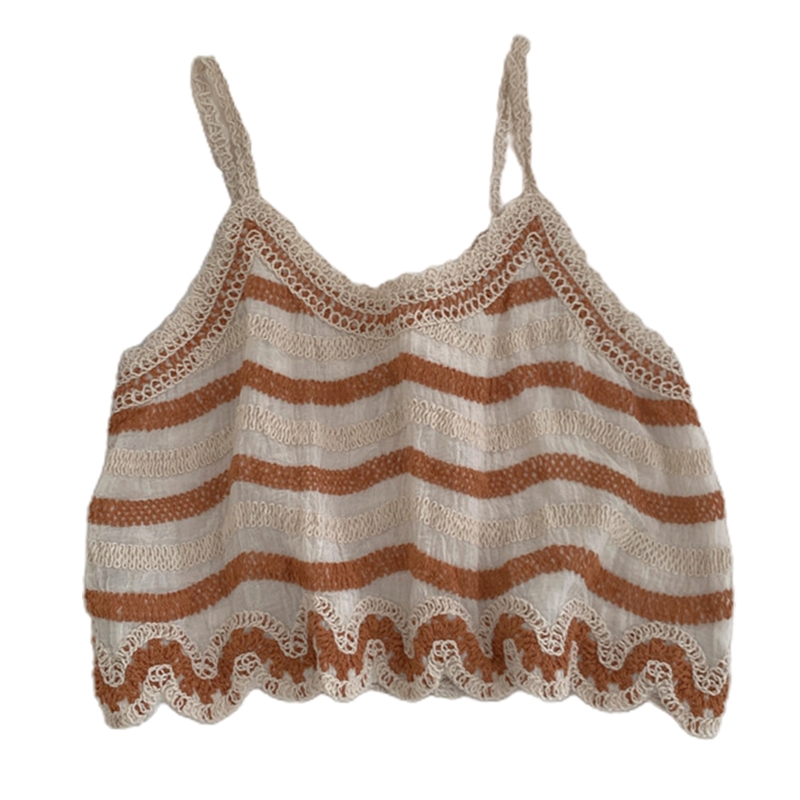 Camisola Vintage de lino y algodón para mujer, Top corto con tirantes finos y bordado de corazón a rayas, chaleco de ganchillo para playa: Castaño