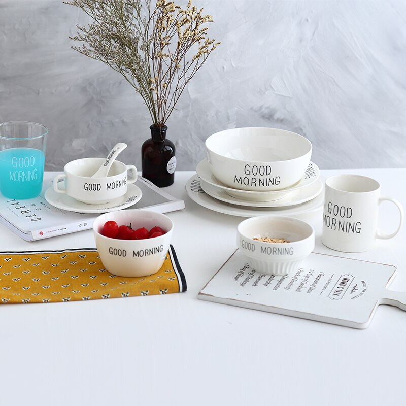 Nordic breakfast plate good morning alphabet coffee cup dessert bowl set mugs ceramic spoon salad bowl mixing bowl soup bowls