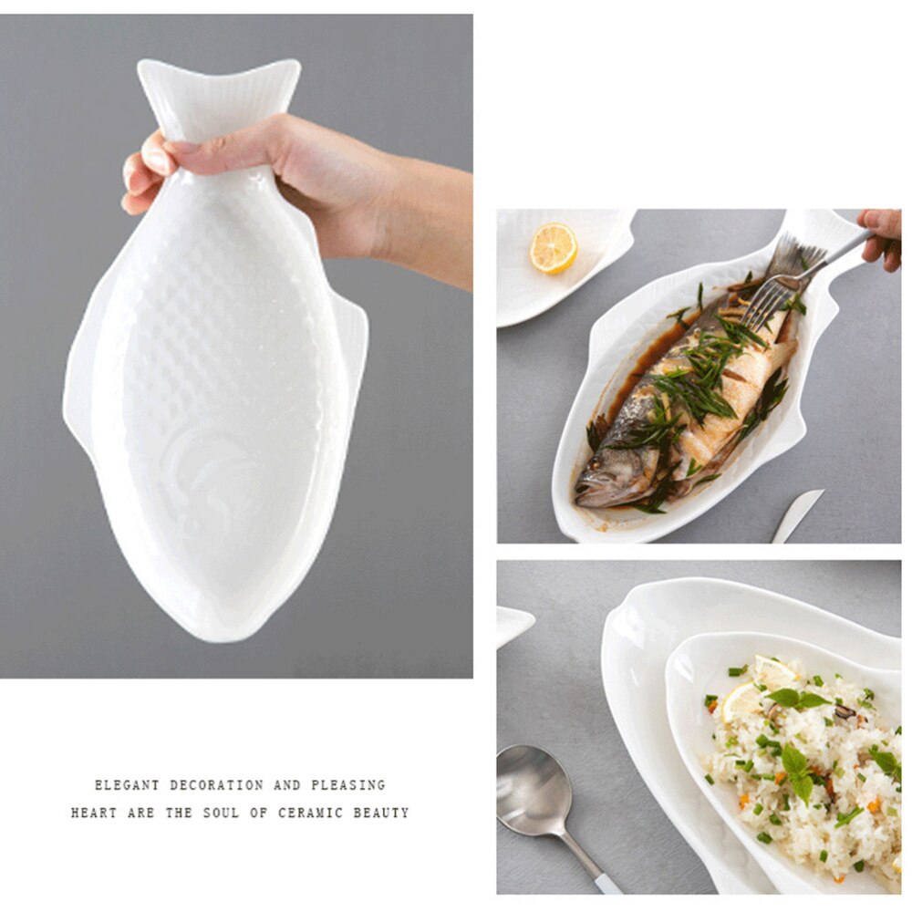 Ceramic Tableware Plate Fish Shaped Dish Snack Storage Fish Pan for Restaurant Home Dinner (11 Inches + White)