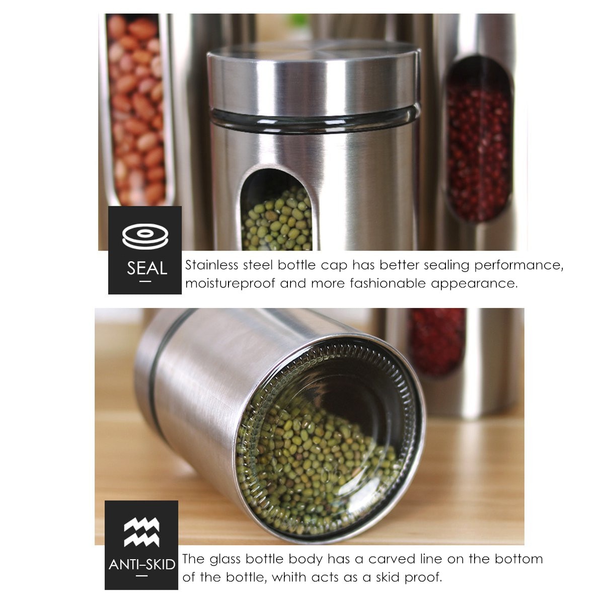 Rustfritt stål oppbevaringsboks krukke te kaffe sukker kjøkken glass beholder container kjøkken sortering arrangør