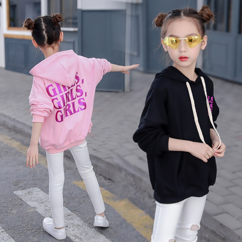 Grote meisjes hoodies katoen lente tienermeisjes letter print hoodies tops kinderen losse sweatshirts lange mouwen bovenkleding