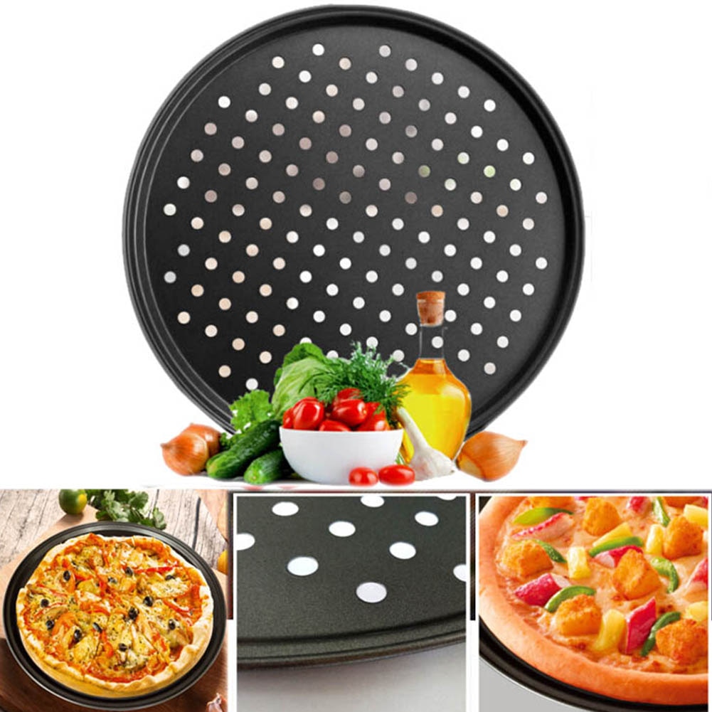 Stil kulstofstål pizza skimmel non-stick bageplade med åndbare huller ovn & opvaskemaskine sikker pizzapande 32*7.8cm