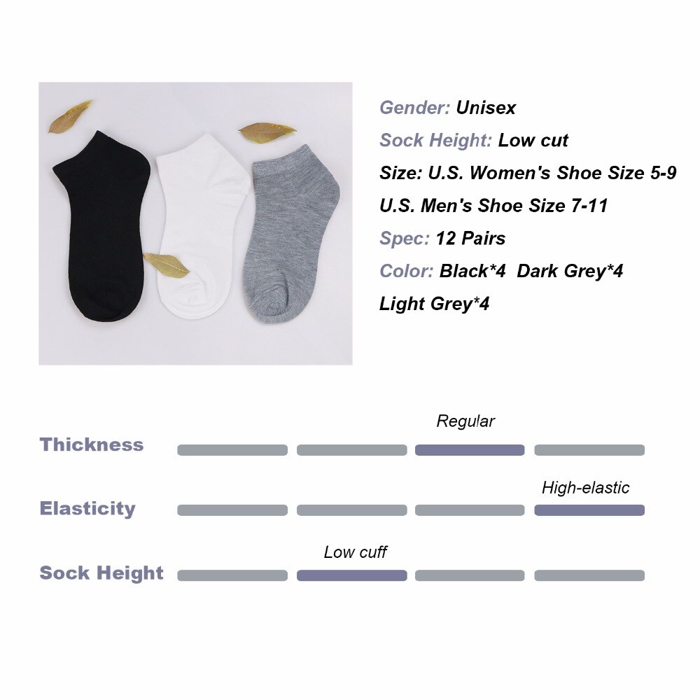 Vihir mænd sommer bomuld low cut sports sokker solid sort / grå / hvid korte sokker 12 par / pakke