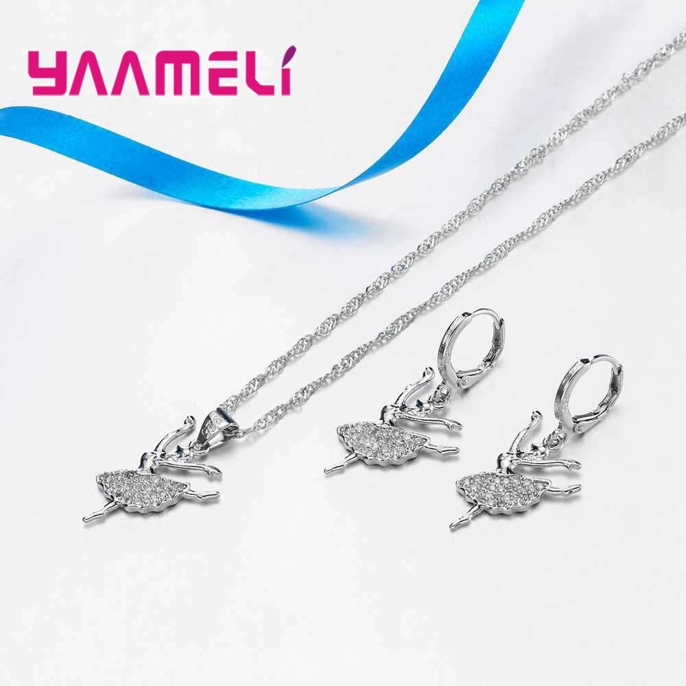 Yaamel Elegante Danser 925 Sterling Zilveren Ketting Oorbellen Set Shiny Zirconia Vrouwen Vrouwelijke Engagement Sieraden