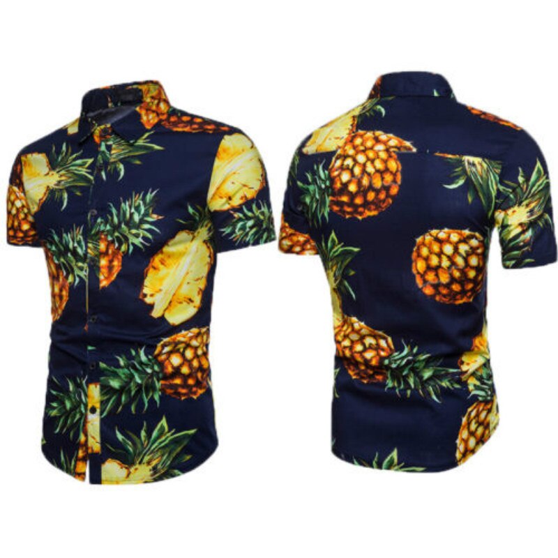 Miesten kesä ananasprinttipaidat rento lyhythihaiset havaijilaiset rantatopit alaspäin kaulus mies trooppinen camisa masculina paita