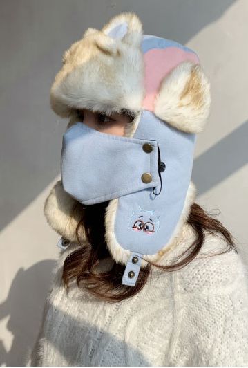 Del ricamo del fumetto di Lei Feng cappello Russia orecchio-sbatté cappello donne cappelli bombardiere caldo di spessore cappello di inverno tutto'aperto: leggero blu