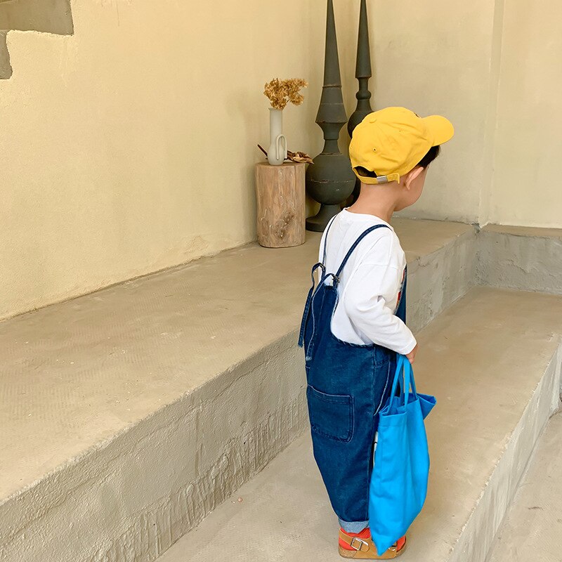 Jesień 2020 moda chłopcy luźny dżins kombinezony dzieci ponadgabarytowych spodnie na szelkach