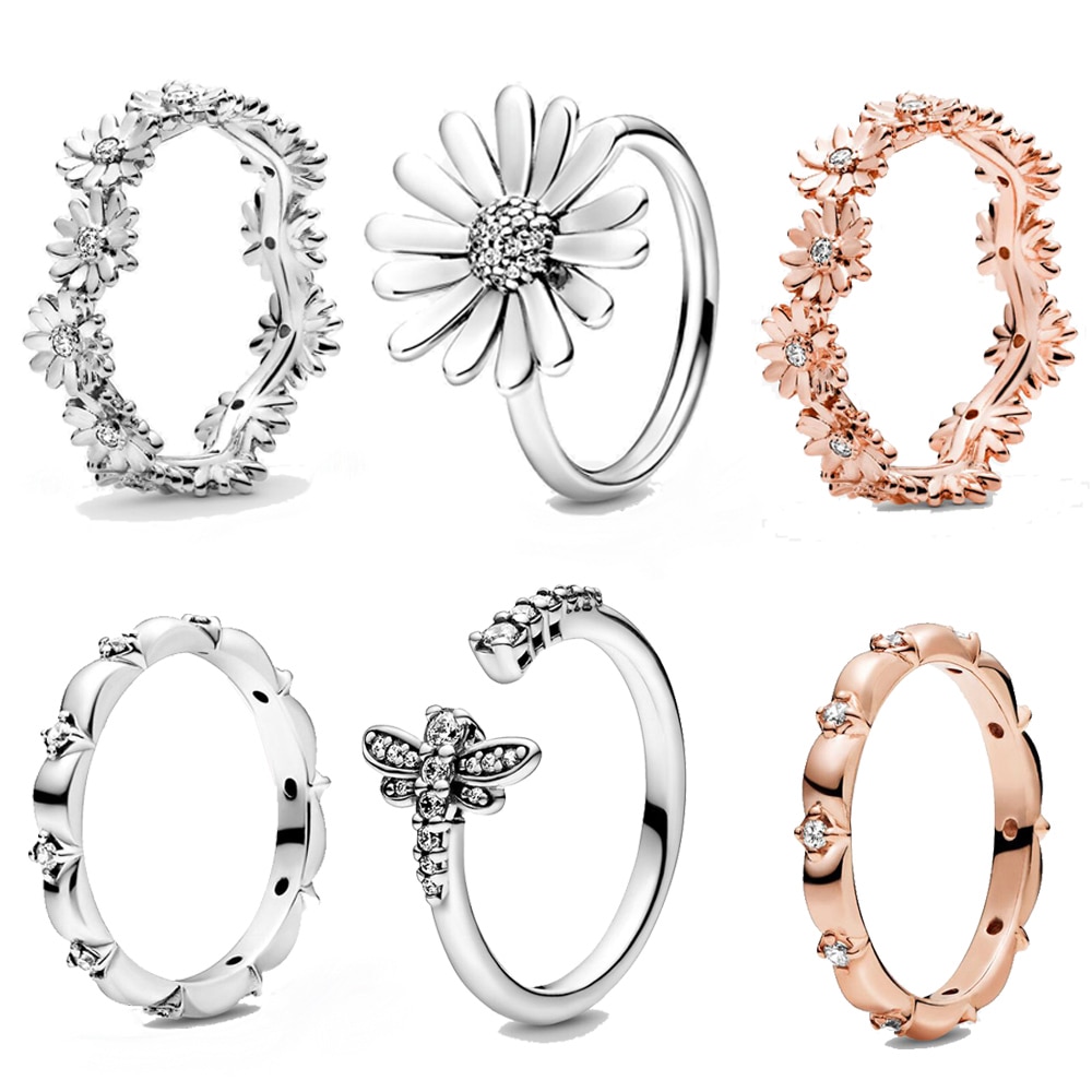 Lente Authentieke 925 Sterling Zilveren Ring Fonkelende Daisy Bloem Kroon Ringen Vrouwen Engagement Sieraden