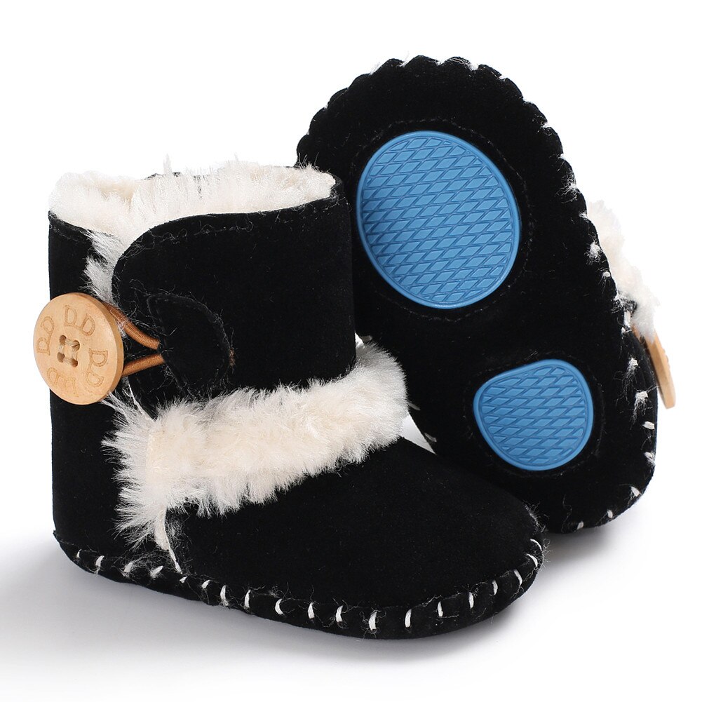 Botas de nieve para bebé y niña, zapatos de piel cálida para invierno, con borla de felpa, suela de goma suave, de 0 a 18M: Negro / 13-18 month