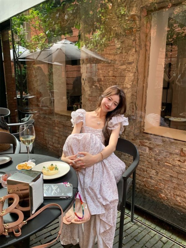 Vintage Floral Midi Dress Women Sweet Ruffles Korean Fairy Dress Female Summer Casual Party Princess Dress