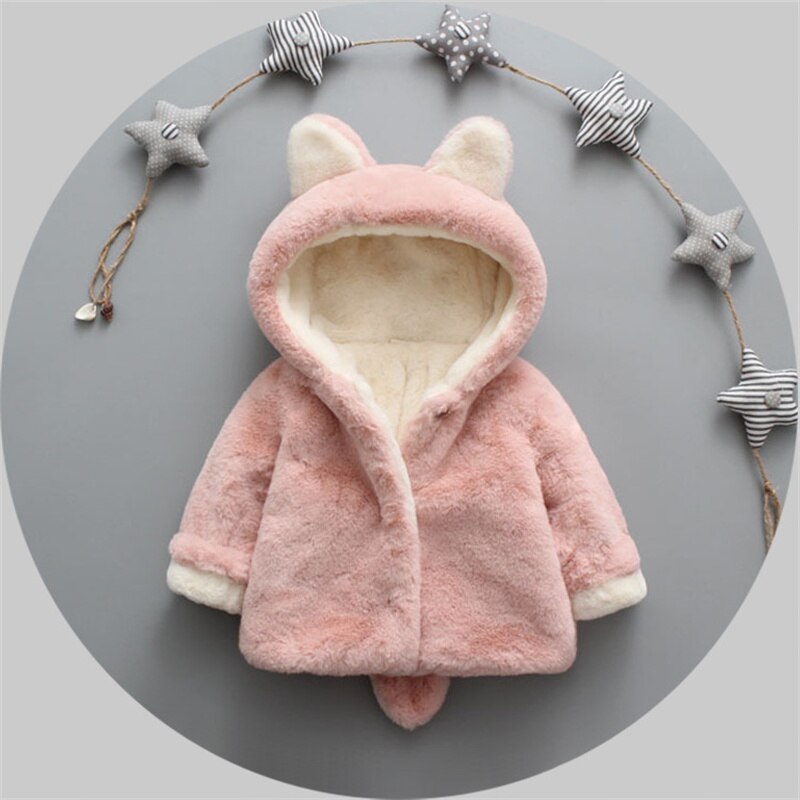 Pluche Baby Meisjes Jas Baby Jas Winter Warme Kinderen Kleding Leuke Oren Capuchon Bovenkleding Furry Thicken Peuter Jongens Overjas: Roze / 100