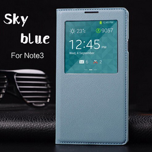 Flip Cover Leather Phone Case For Samsung Galaxy Note 3 Note3 Not III SM 9005 N900 N9005 SM-N900 SM-N9005 Smart View Sleep Wake: Sky blue