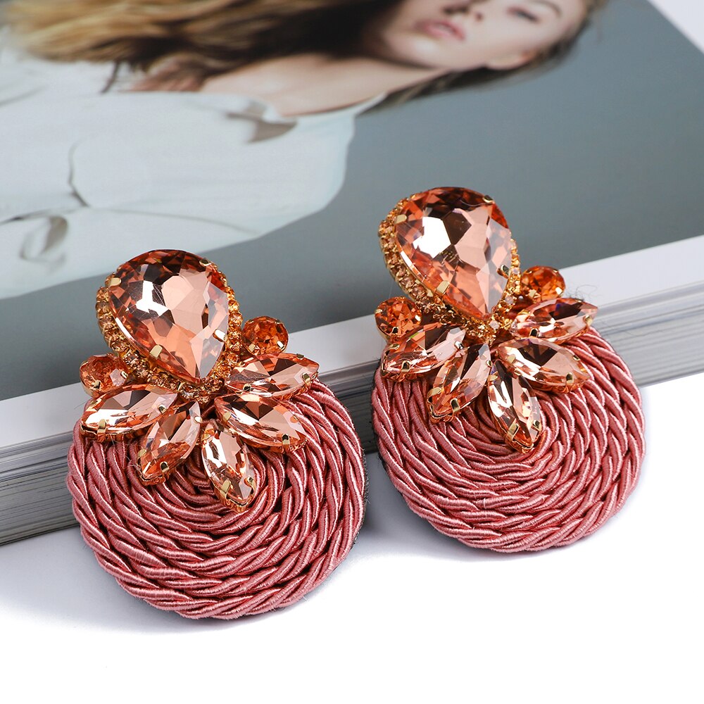 Ethnic Style Cotton Cord Weave Round Ear Accessories Vintage Sparkly Crystal Dangle Earrings For Women Luxury Jewelry: 28